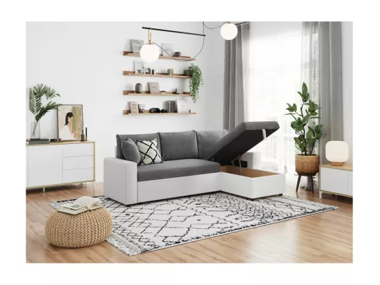 Canapé d'angle 4 places Convertible et Réversible Maria en simili/microfibre - Blanc/Gris - L227 x P146 x H81cm - Loungitude