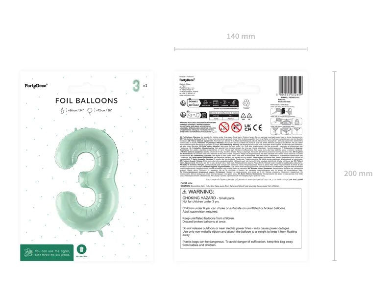 3 Jaar Cijfer Ballon Mintgroen 72cm