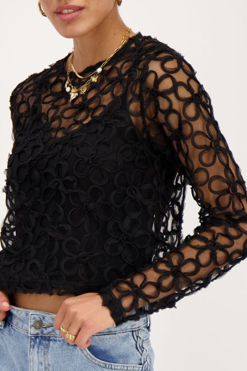 Zwarte mesh top met all-over bloemen