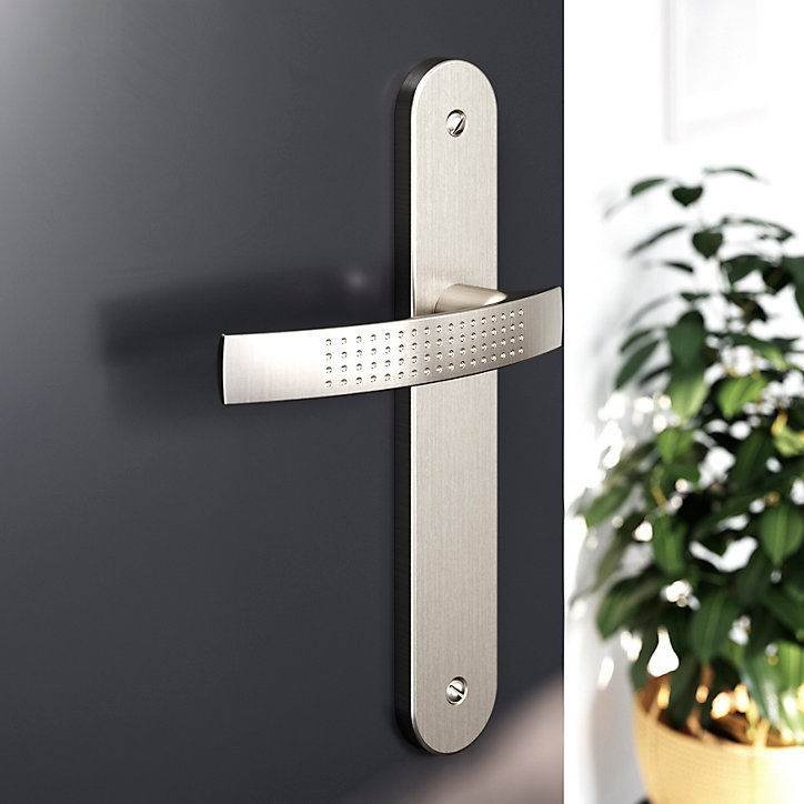Ensemble poignée sur plaque rond GoodHome Diss effet nickel satin gris L.139mm x l.40mm entraxe 195mm