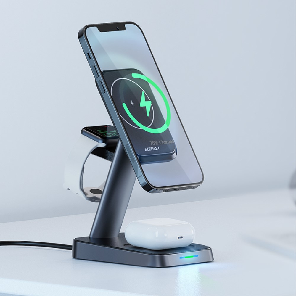 (15W) 3in1 MagSafe Qi Wireless Charger Ladestation für iPhone / Apple Watch / Airpods - Schwarz