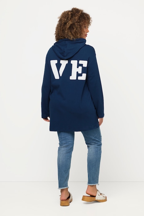 Long-Sweatjacke, Schriftmotiv, Kapuze, Knotenband
