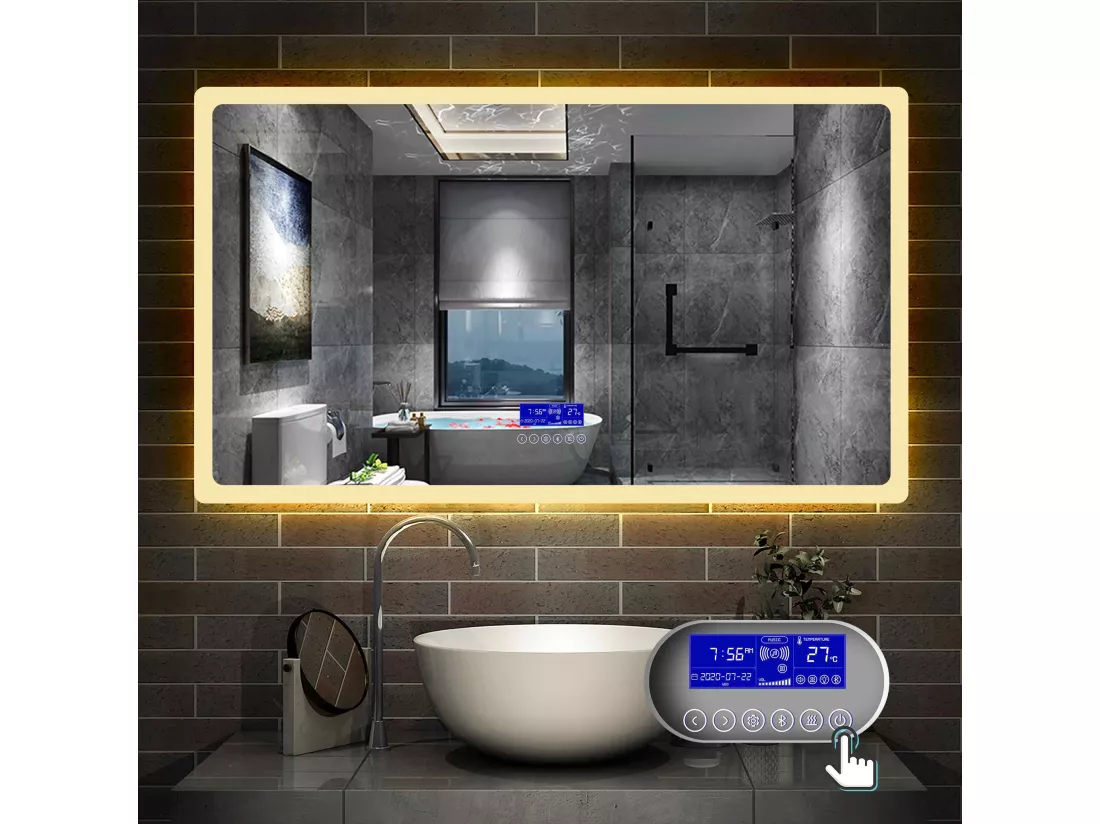Miroir Salle de Bain Anti-buée LED 70x50cm 3 Couleurs, Bluetooth, Horloge Aica