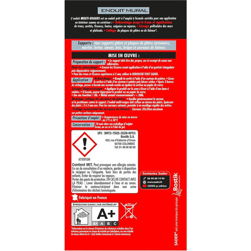Enduit Multi-Usages Spécial Pièces Humides Sader - Seau de 1,5 kg