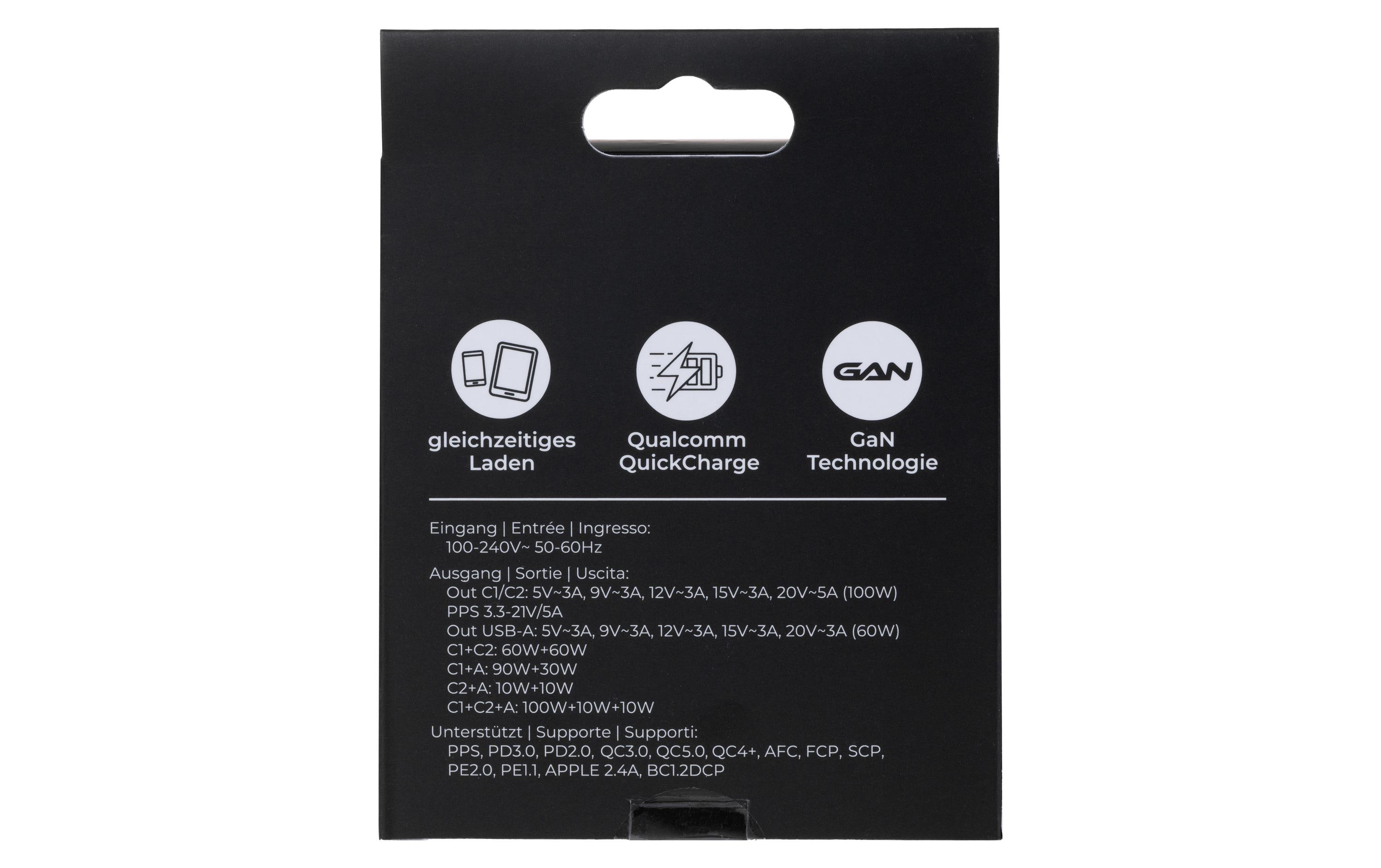 USB-Wandladegerät Trial QC5.0 120 W GaN SchwarzLadeadapter mit zwei USB-C-Ports und einem USB-A-Port