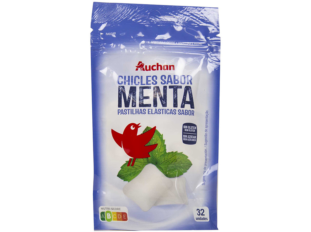 PASTILHA AUCHAN ELÁSTICA MENTA SEM AÇÚCAR 45G