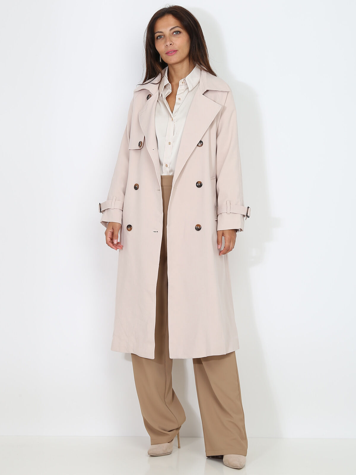Trench mi-long droit ceinturé- Beige