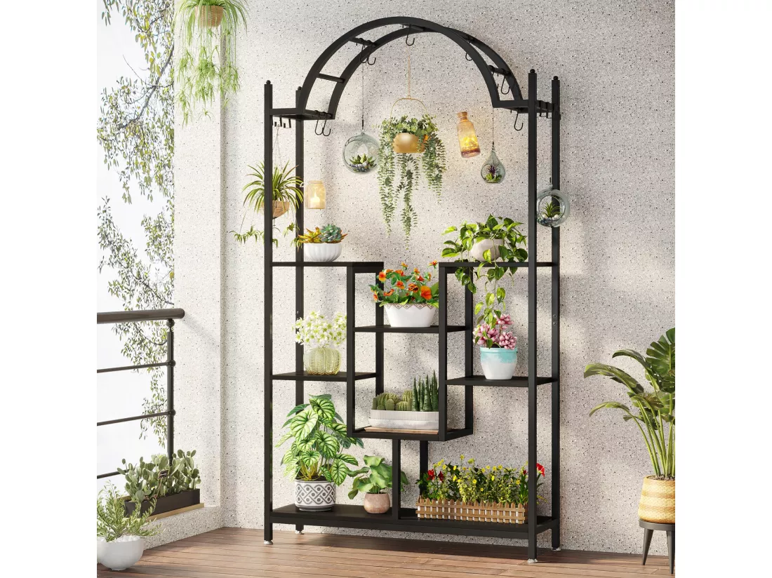 Support pour plantes d'intérieur à 5 niveaux, 190 cm, Étagère pour plantes en métal avec 8 crochets en S,Noir