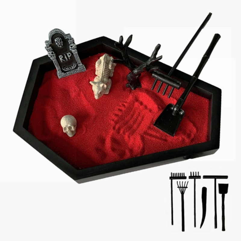 (12-tlg. Set) 22x17cm Halloween Mini Sandkasten DIY Bastel Home Deko Gruseliger Zen Garten inkl. Sand / Figuren / Rechen - Sarg