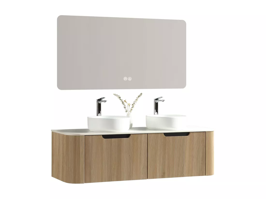 Meuble double vasque rond blanc mat 140 cm chêne clair Aquagiro