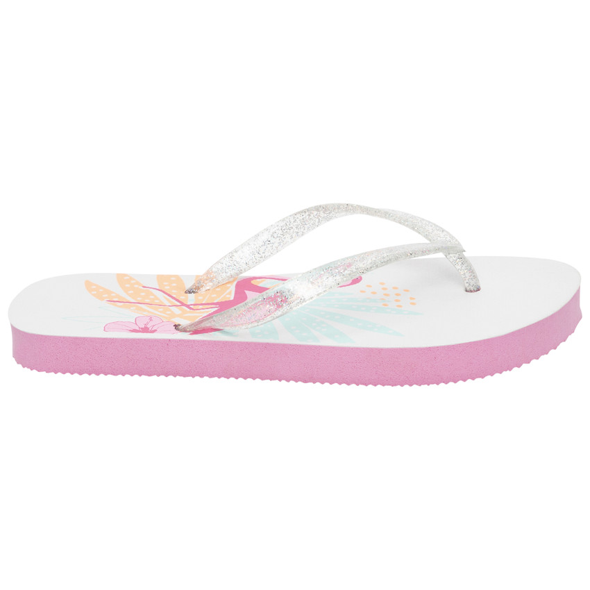 Tongs à bride pailletée print flamant rose pour fille avec lanière selon l'âge