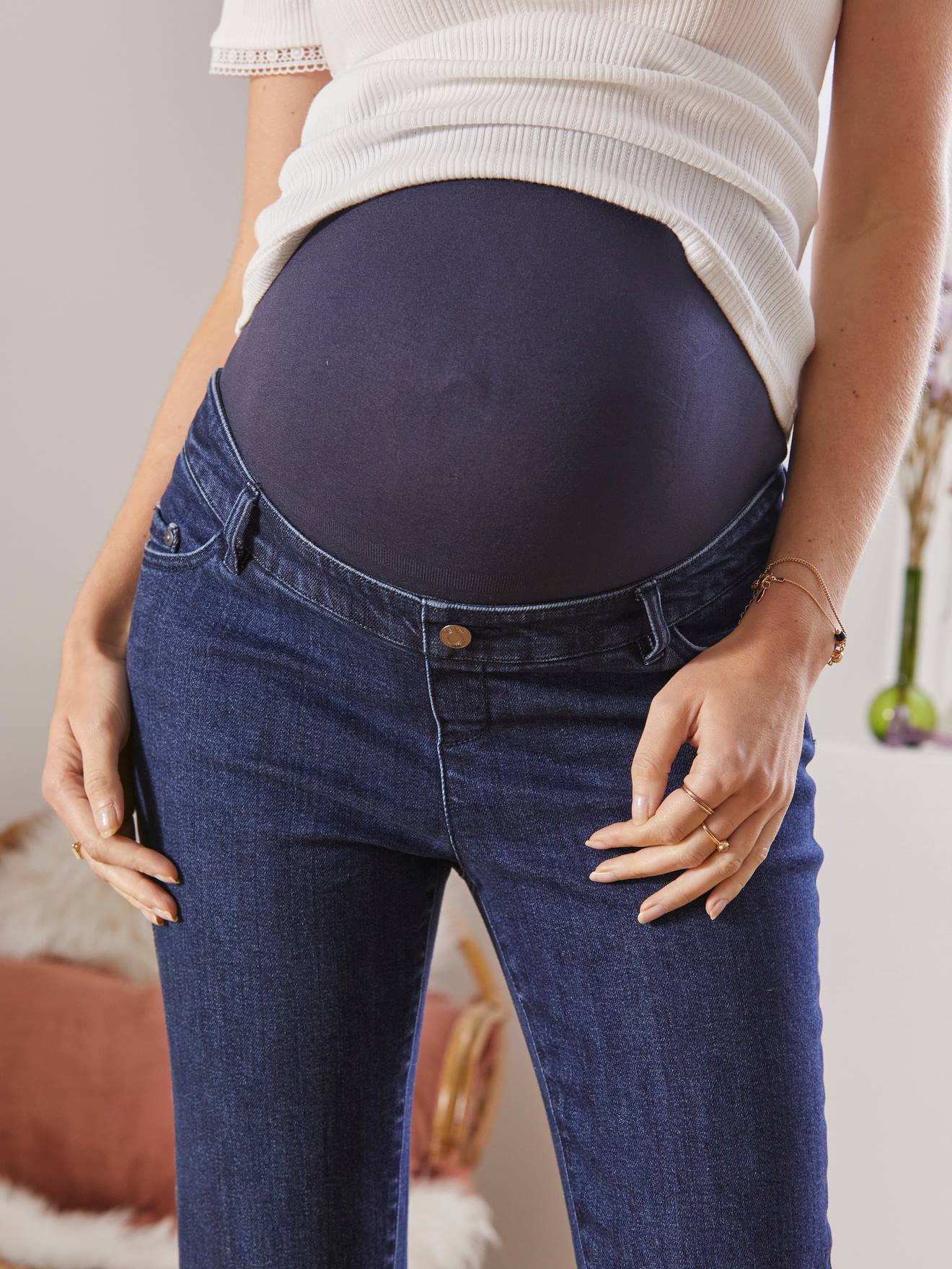 Calça jeans reta para gestantes na altura do tornozelo com cós sem costura, azul escuro liso