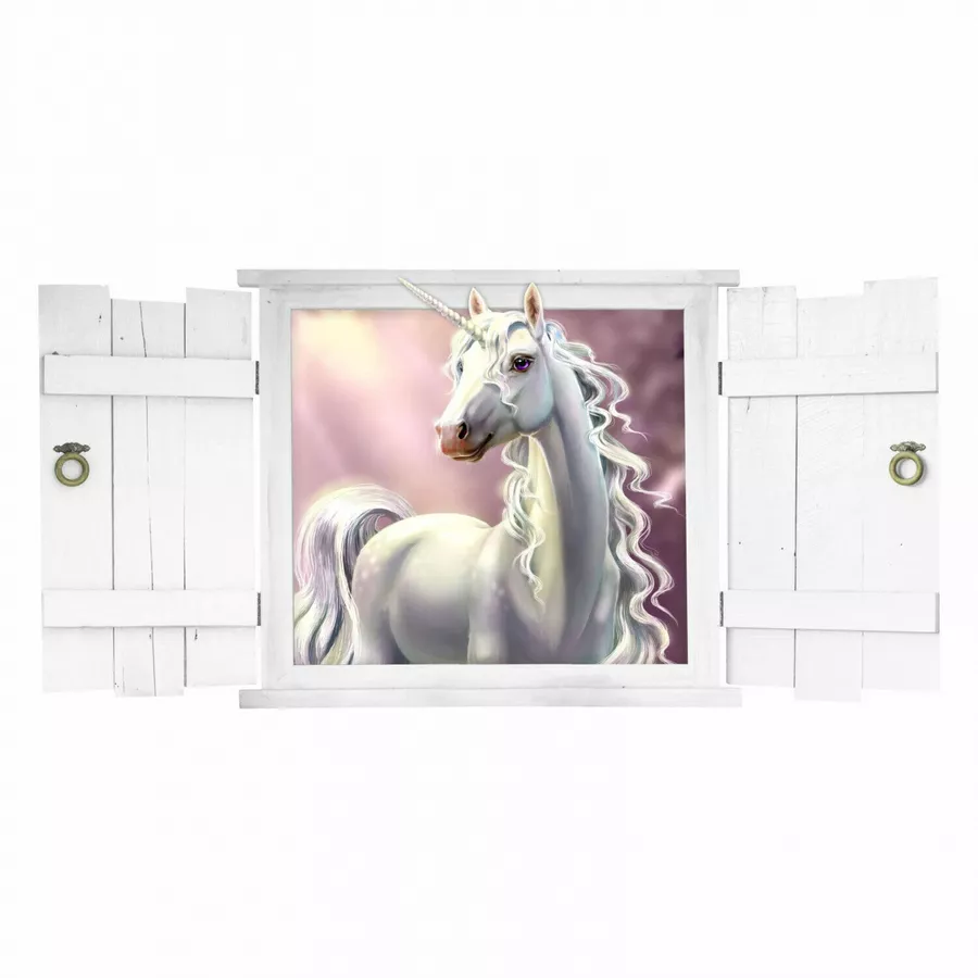 Nikima Wandtattoo 211 Einhorn im Fenster mit weißen Fensterläden in 6 vers. Größen lila