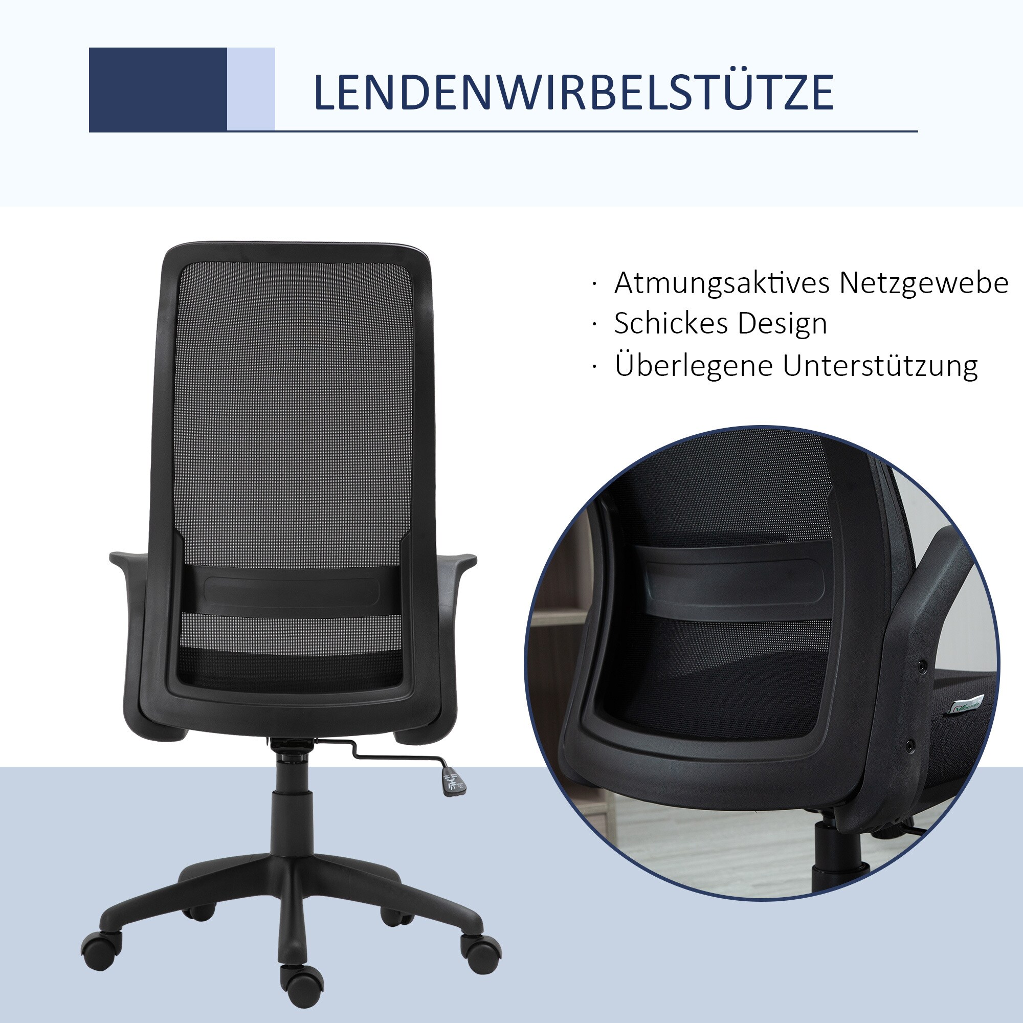 Vinsetto Bürostuhl ergonomisches liniendesign, atmungsaktiv, highend-Gas-lift Schwarz 62 x 62 x 113-122 cm (BxTxH)