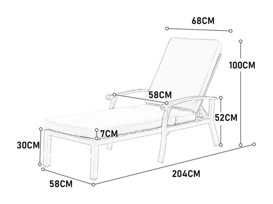 Chaise longue de jardin 1 pièce avec coussin gris imperméable en coton inclinable et réglable structure aluminium antirouille transat piscine extérieur