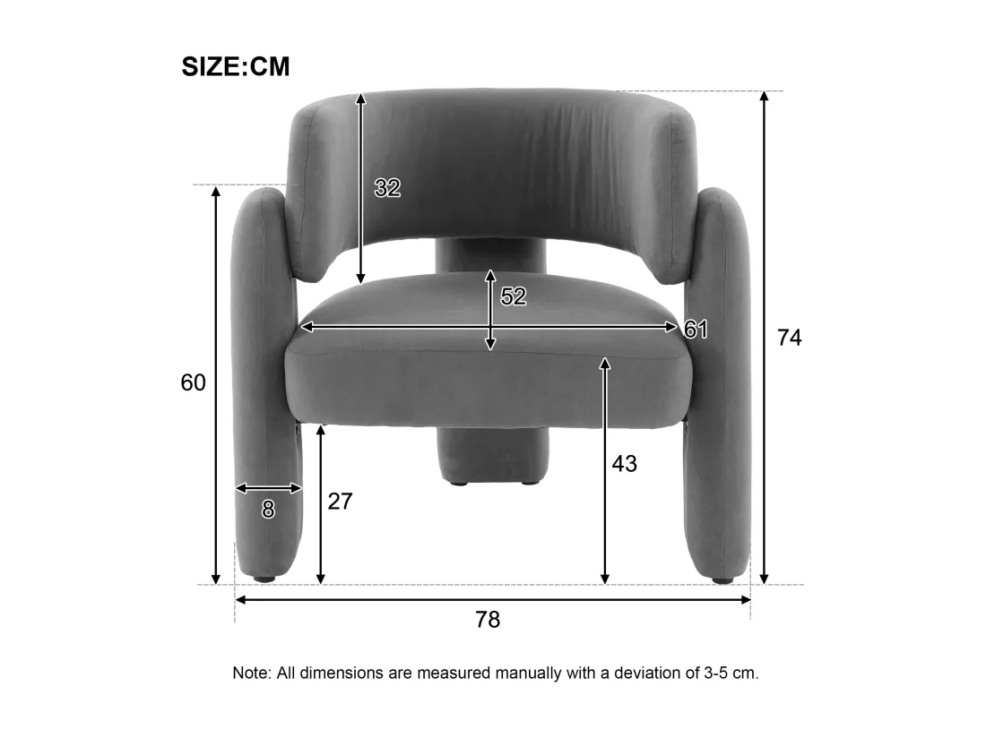 Fauteuil Lounge Moderne Gris, Siège Individuel Compact 78x52x74 cm, Robuste Structure, Charge Maximale 250 lbs, Confort Ergonomique