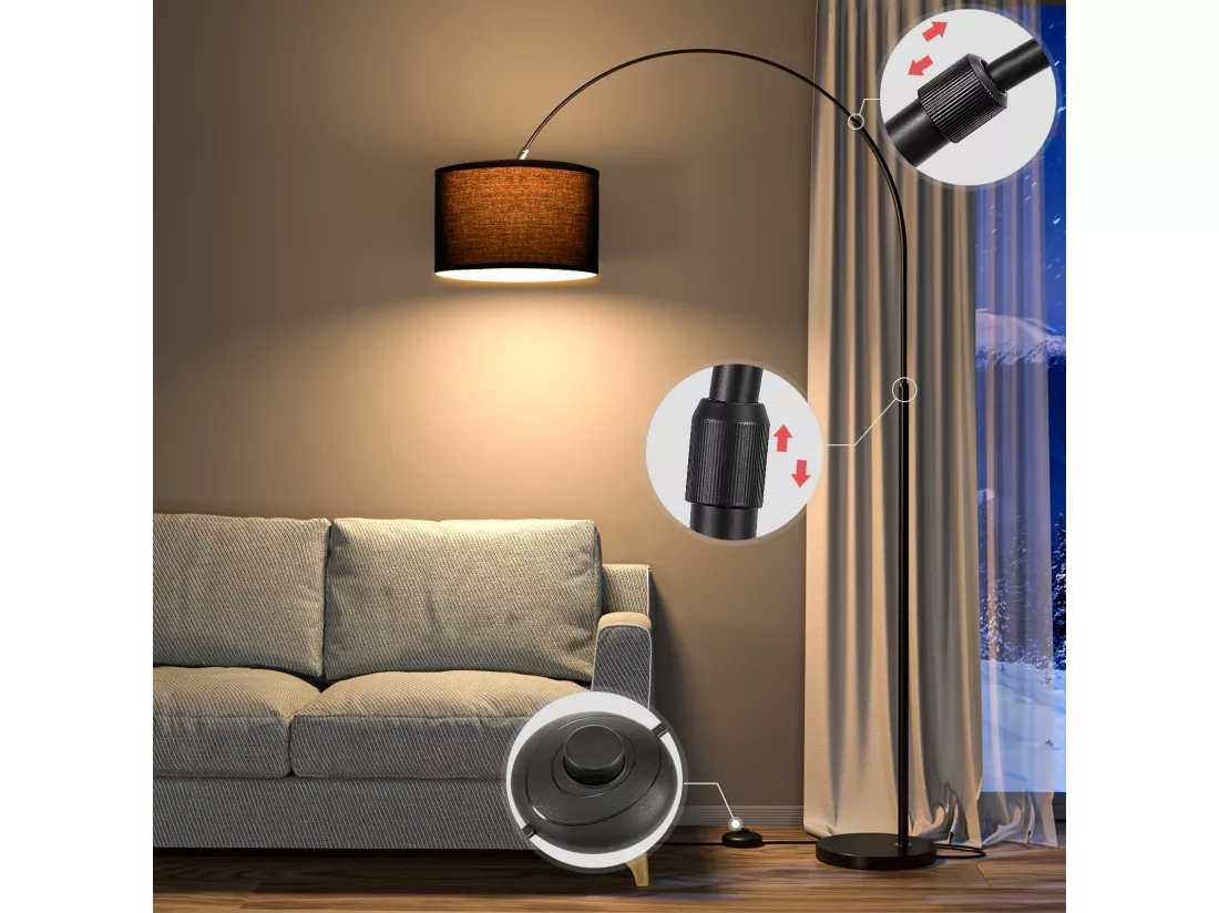 Lampadaire Arc JASMIN | Lampe Sur Pied Classique| Ampoule LED E27 9W 3000K incluse|33cm Abat-jour Noir| Interrupteur au pied pour Chambre/Bureau/Hôtel