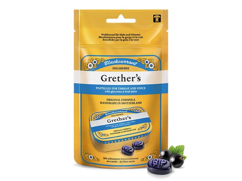 Grether's Pastilles Blackcurrant refill zuckerfrei, 110 g Bonbons für Hals und Rachen