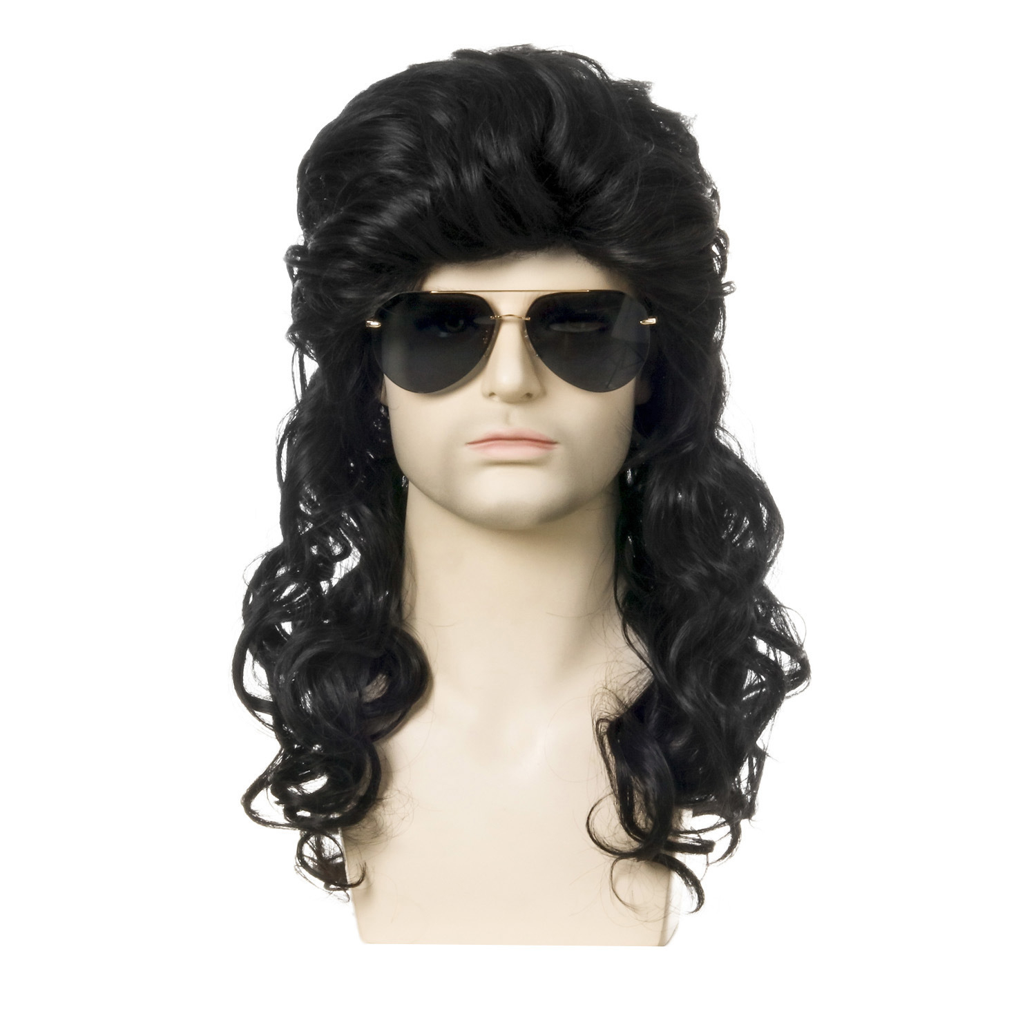 (60cm) Vokuhila Perücke mit Locken Pop Rock Fasnacht Kostüm Zubehör Motto Party / Halloween Accessoire - Schwarz