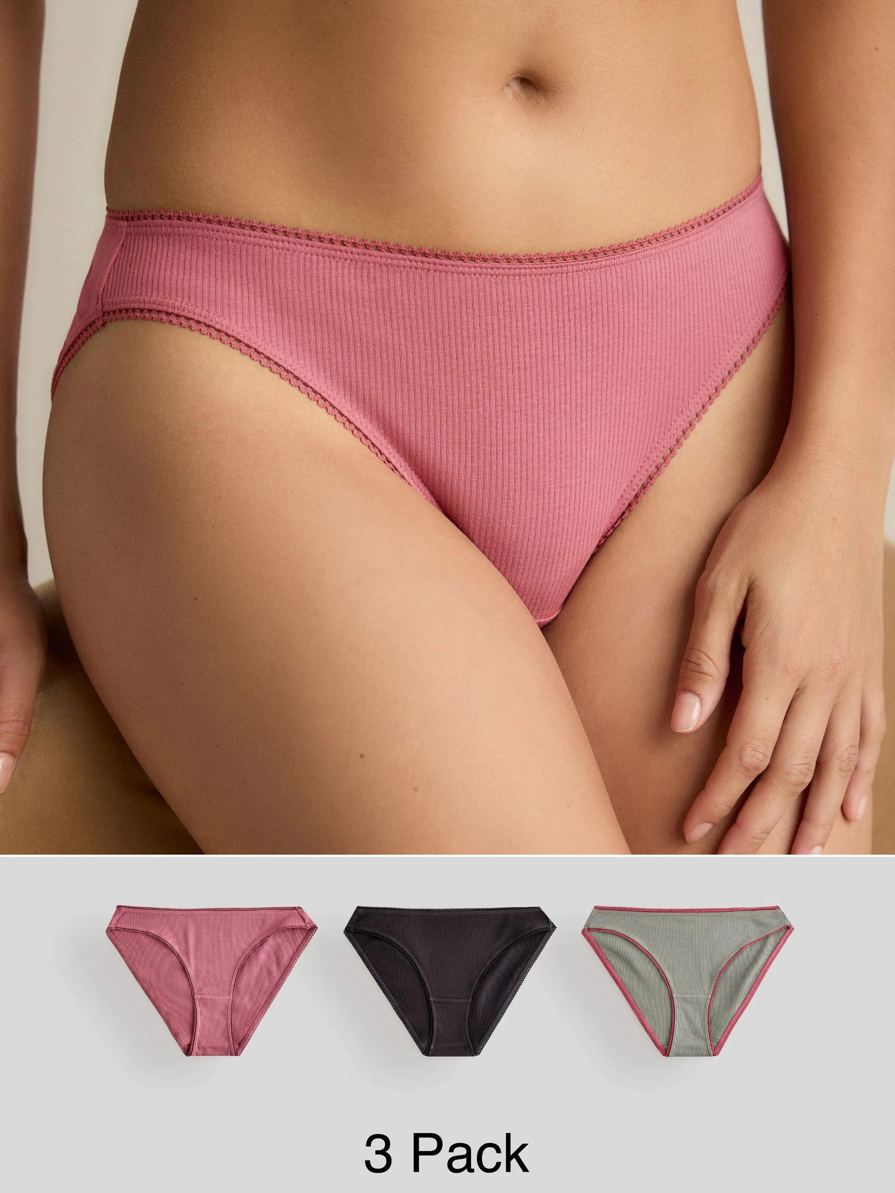 Zwart/roze/olijfgroen - Verpakking van 3 geribbelde katoenen slips