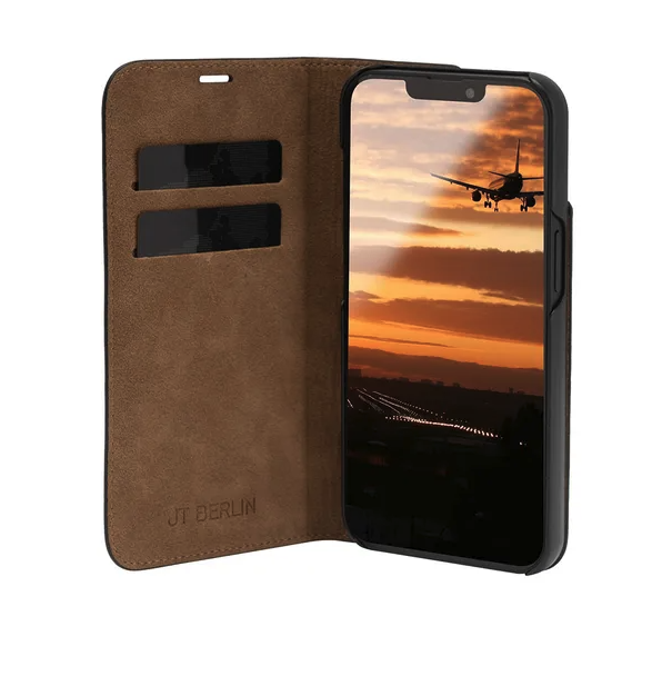 iPhone 14 Echtleder Bookcase Hülle Tegel (10855) - Schwarz