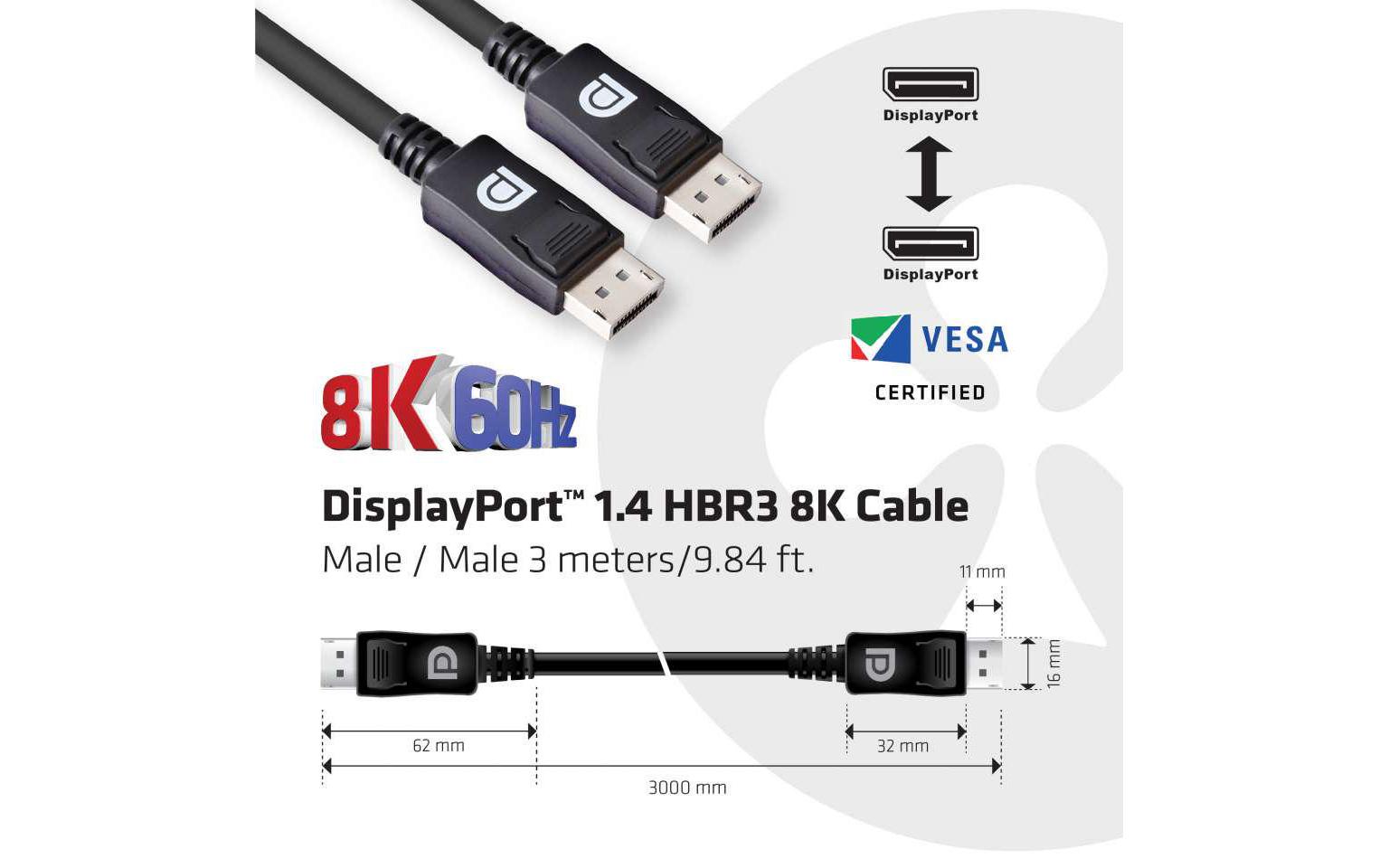 Kabel DisplayPort 1.4 - DisplayPort 1.4 HBR3 8K, 3 mDisplayPort 1.4 HBR3 8K Kabel, Stecker/Stecker