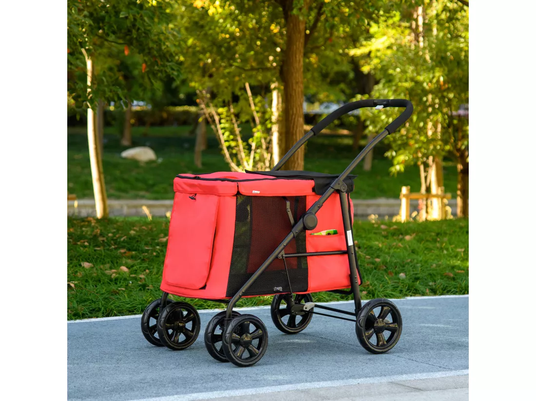 Poussette pliable pour chien chat 4 roues 3 pochettes rangement coussin acier oxford rouge