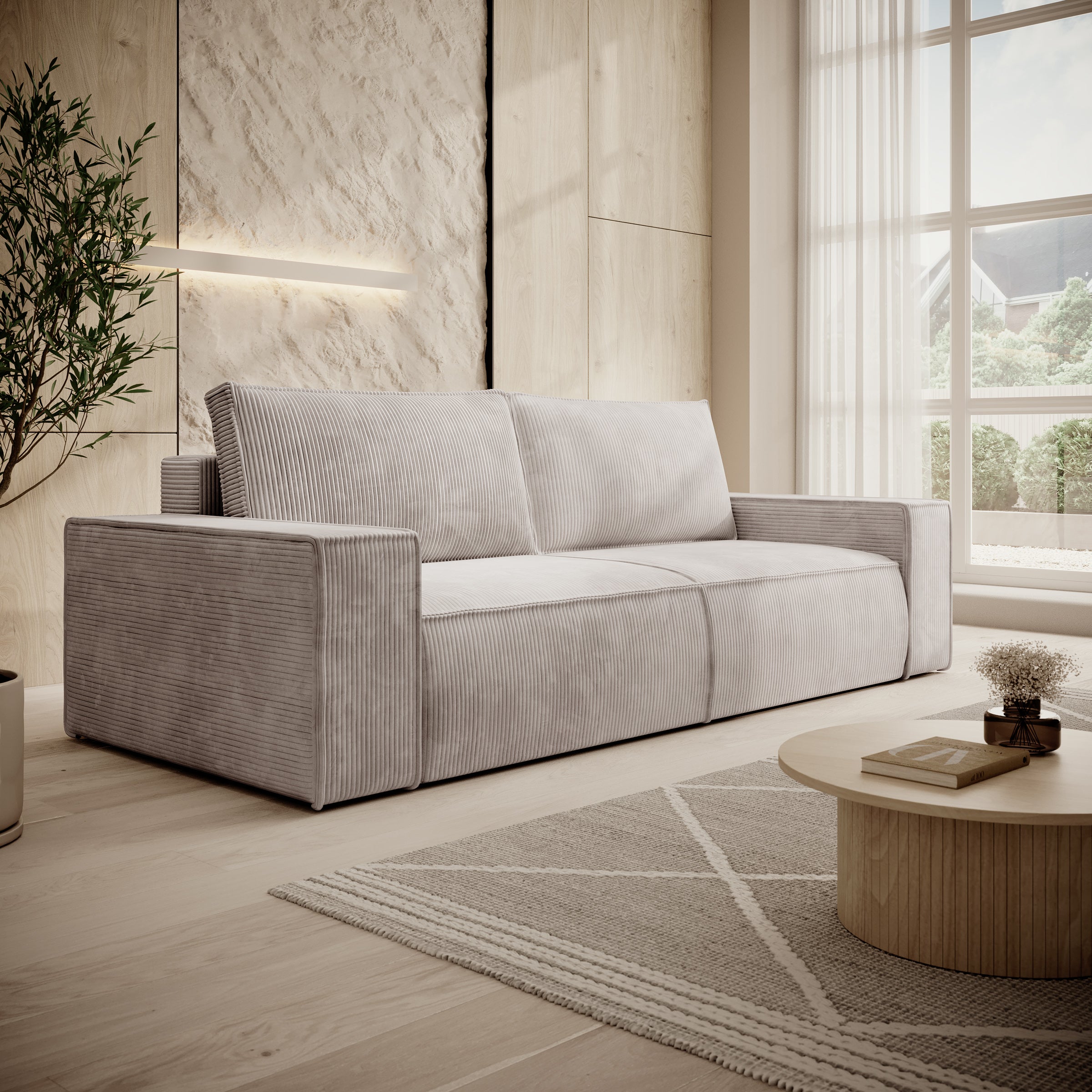Foster - 3-zitsbank met slaapfunctie - Ribstof beige - 257x102x85 cm