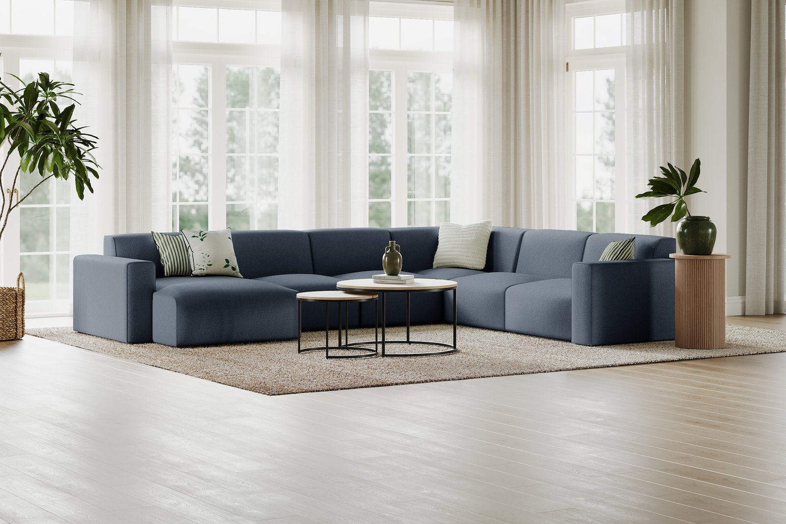 Styl U-sofa Sjeselong venstre, 2-seter og 2-seter høyre. Tekstil Lombardo 16/2 Dark Blue med sorte ben.