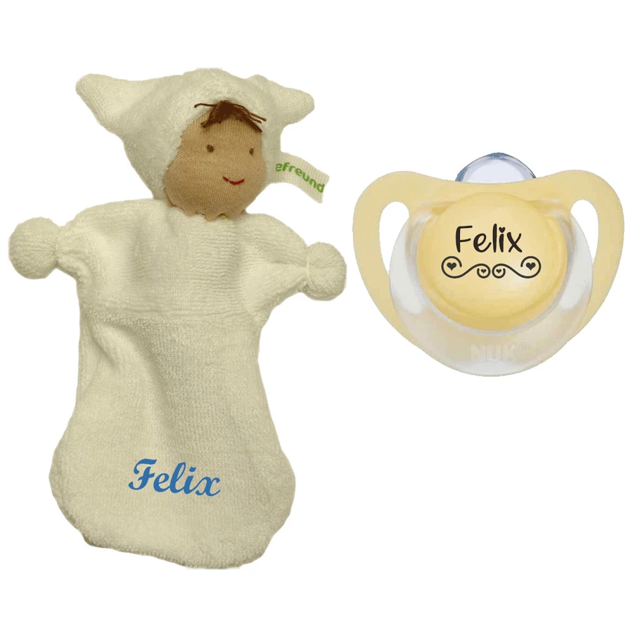 Schnullireich Geschenkset Schmusepuppe mit Namen + NUK Schnuller (0-6 Mon) Weiß