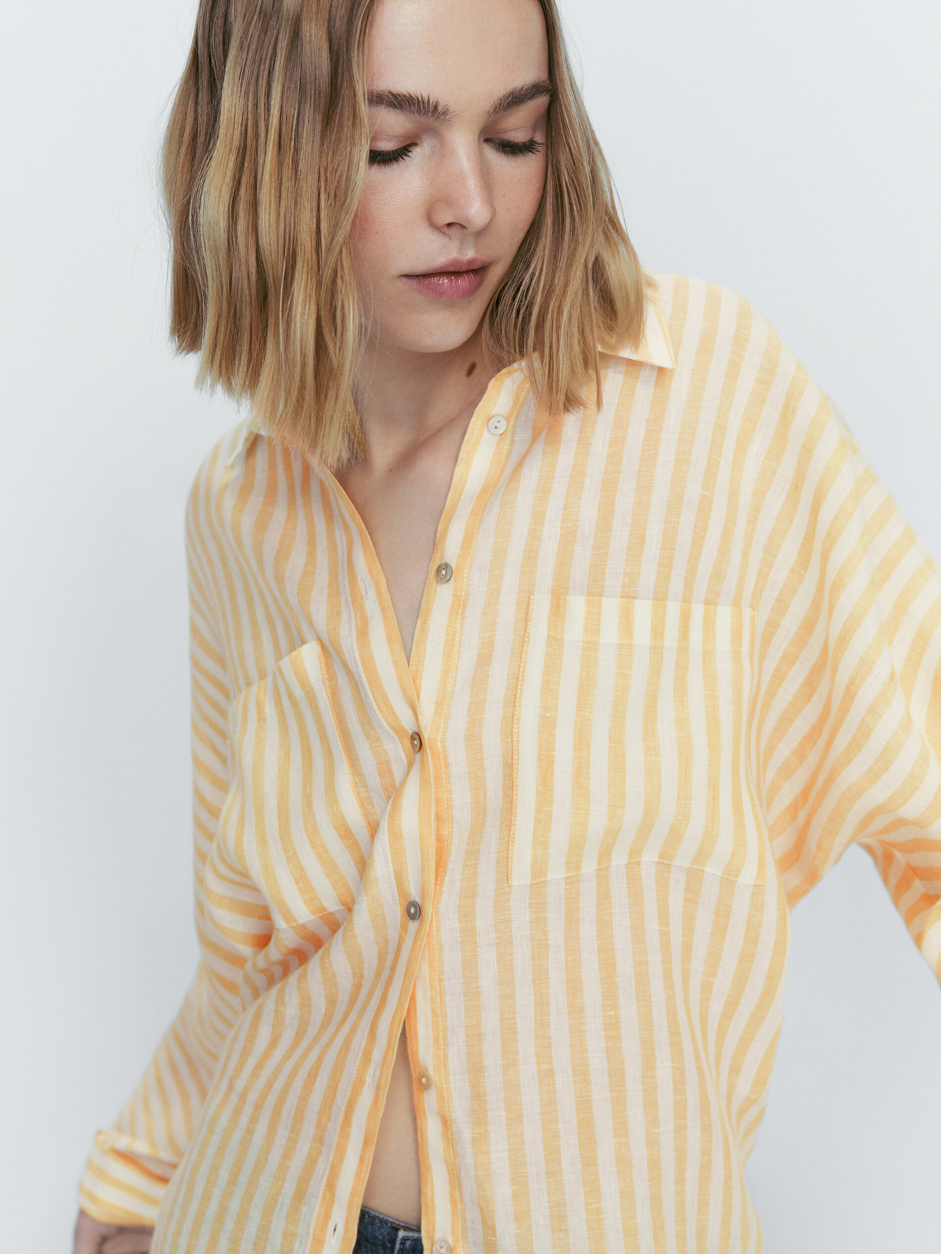 Camisa rayas bolsillos 100% linho - AMARILLO
