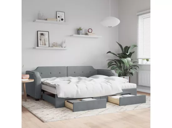 Lit de jour avec gigogne et tiroirs gris clair 80x200 cm tissu