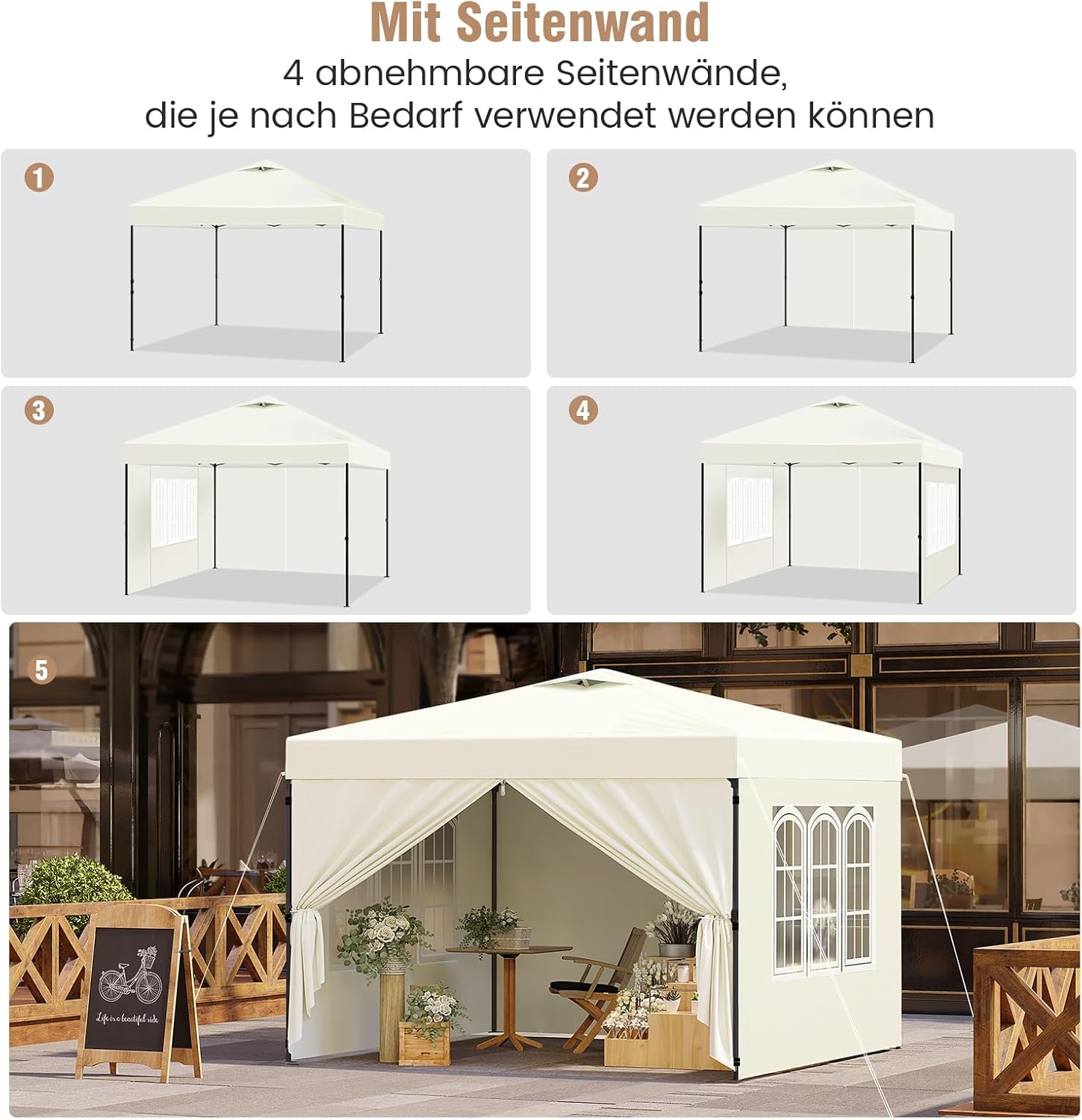 Laneetal Pavillon 3x3 m, Faltpavillon mit Seitenwänden, wasserfest stabil Winterfest, Outdoor Gartenpavillon, Partyzelt Gartenzelt, höhenverstellbar, UV Schutz, Metallrahmen, Beige