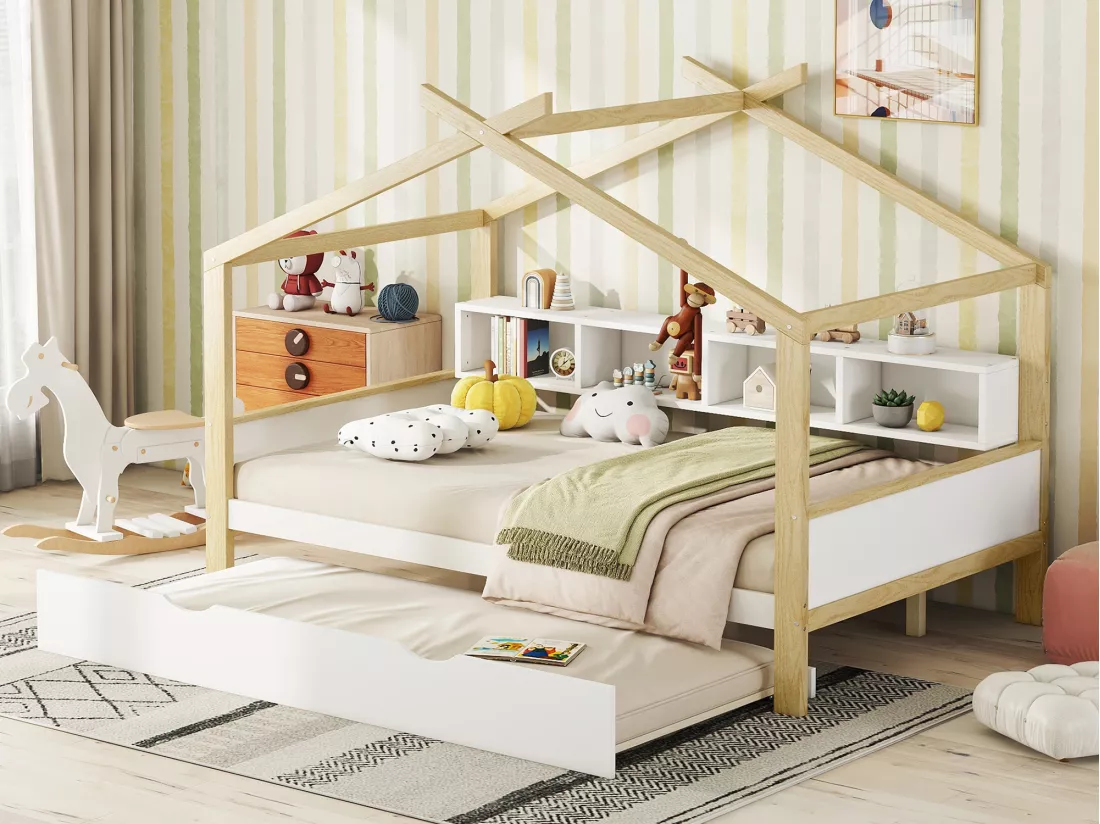 Lit cabane 140 x 200 cm avec lit gigogne 90 x 180 cm - 4 niches - Bois de pin - blanc