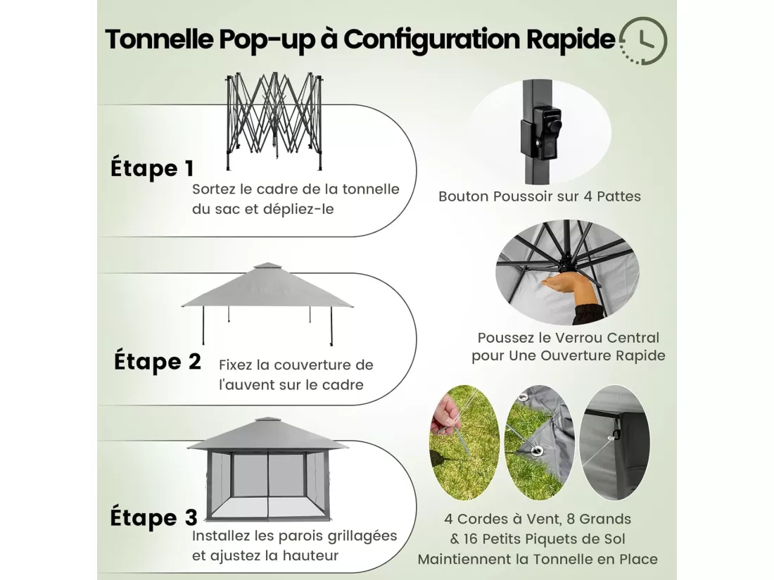 Tonnelle de Jardin Pliante 4 x 4M Pop-up avec Parois Latérales en Maille à Fermeture Éclair, Tente Réception Double Toit Hauteur Réglable Sac de Transport Anti UV,Gris