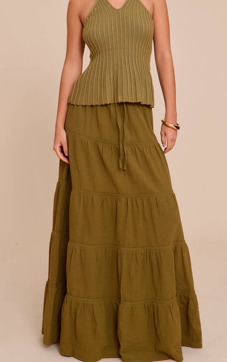 Vert Olive Jupe Longue En Coton À Taille Froncée Avec Cordon De Serrage