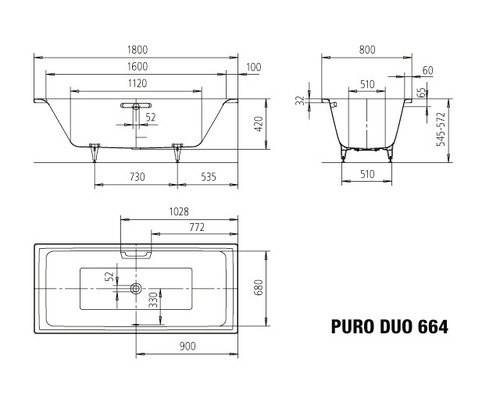 Bad KALDEWEI PURO DUO 664 80 x 180 cm alpine wit glanzend 266400010001