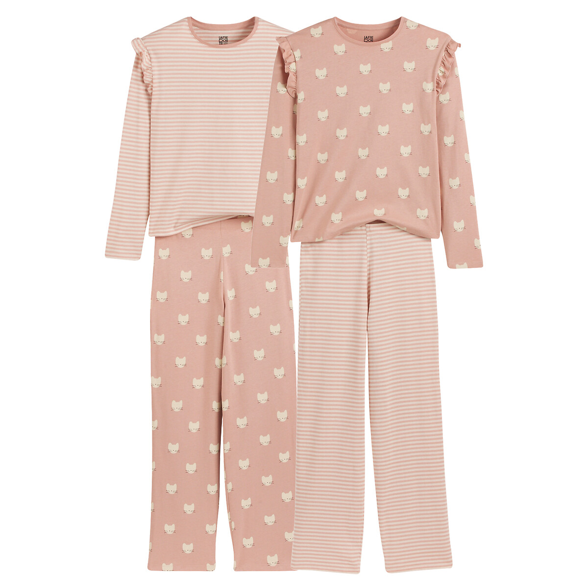 COLEÇÃO LA REDOUTE<br>Conjunto de 2 pijamas de algodão, estampa de gato e listras