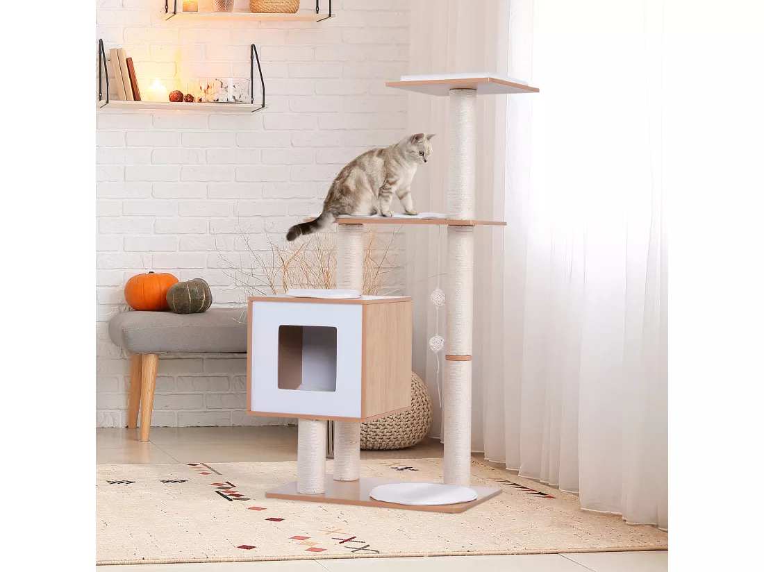 Arbre à chats design contemporain griffoirs grattoirs sisal naturel centre d'activités niche plate-formes jeu boules suspendues 71L x 49l x 120H cm MDF hêtre clair