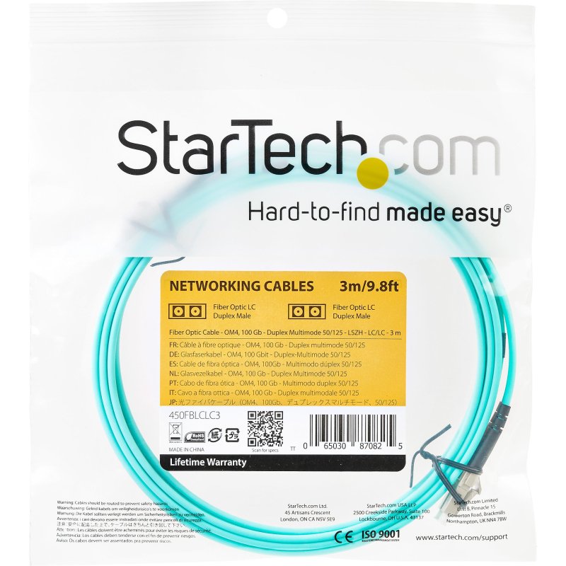 StarTech.com Câble Fibre Optique Multimode de 3m LC/UPC à LC/UPC OM4, Fibre Zipcord 50/125µm LOMMF/VCSEL, Réseaux 100G, Faible Perte d'Insertion, Cordon de Raccordement Fibre LSZH