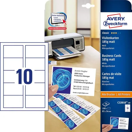 Avery Zweckform C32010-10 Classic Visitenkarten, 85 x 54 mm, beidseitig beschichtet, 100 Karten / 10 Bogen