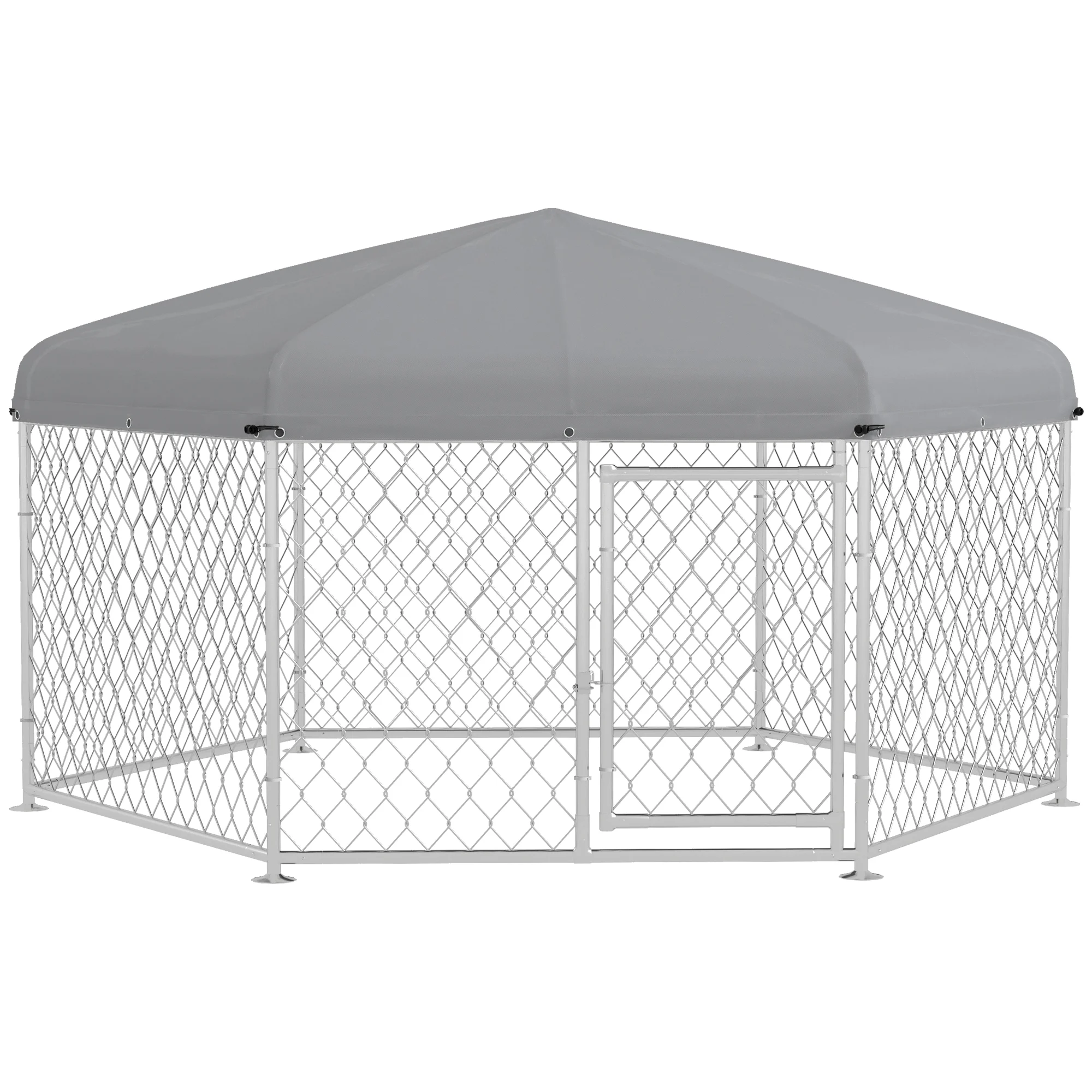 Canil hexagonal para exterior PawHut, gaiola para cães com porta, estrutura em aço galvanizado e cobertura impermeável e resistente aos raios UV, 210x185x150 cm, prateado.