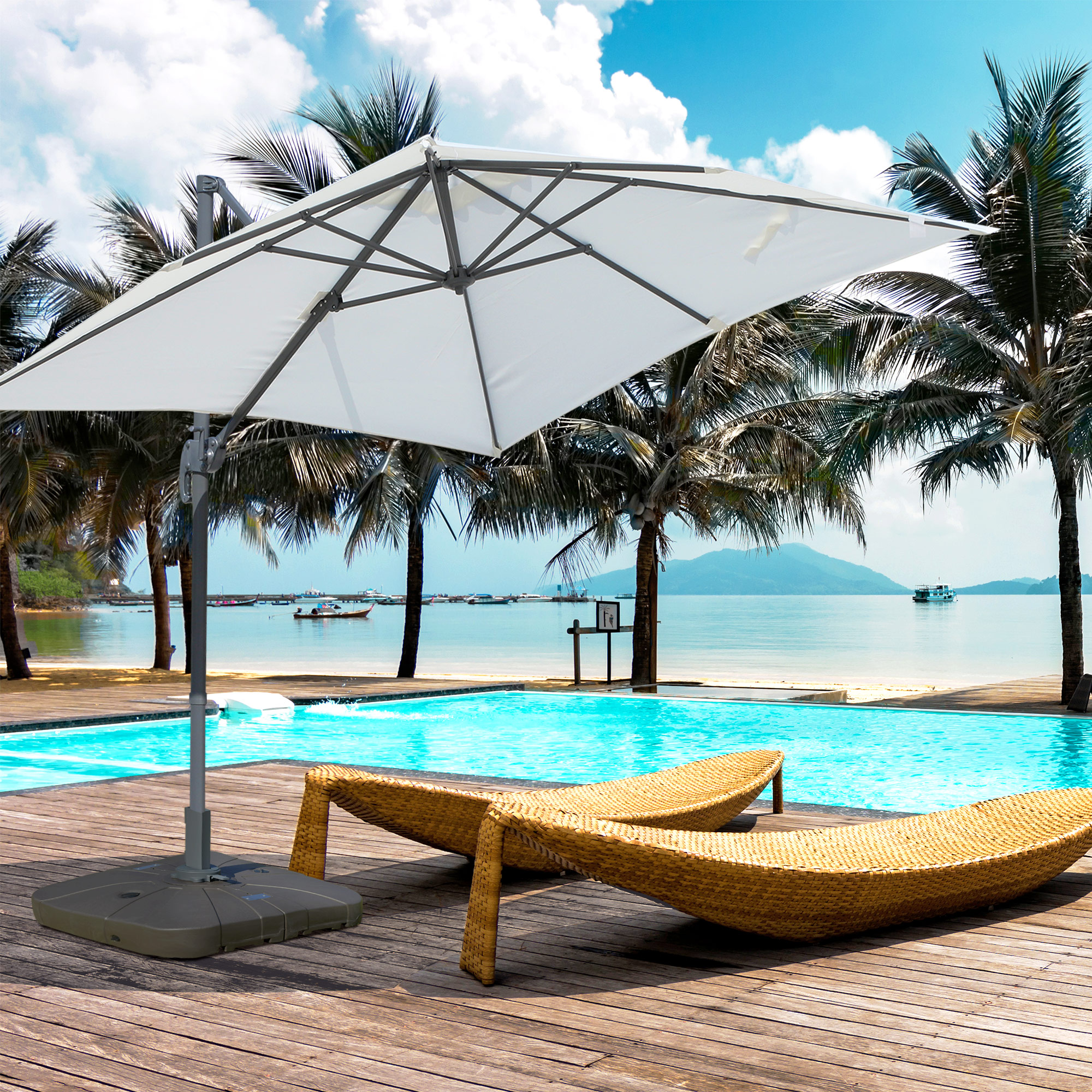 Base para guarda-sol de braço articulado grande Outsunny, preenchível com areia e água, com 4 rodas, para pátio e jardim externos, 88x88x19 cm, cor café.