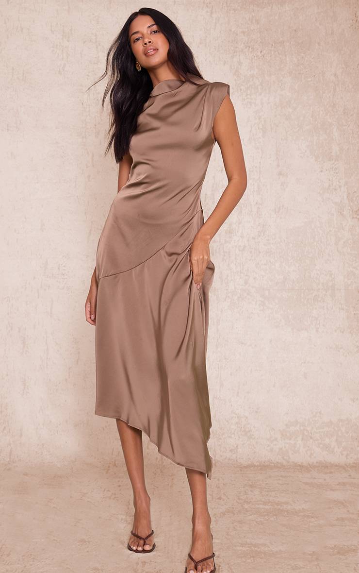 Taupe Robe Mi-longue Satinée À Col Montant