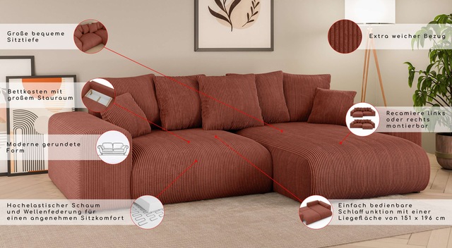 Home affaire Ecksofa »LAKESIDE mit Bettfunktion und Bettkasten, B/T/H 257/166/84 cm« L-Form, Recamiere beidseitig montierbar, mit Wellenunterfederung