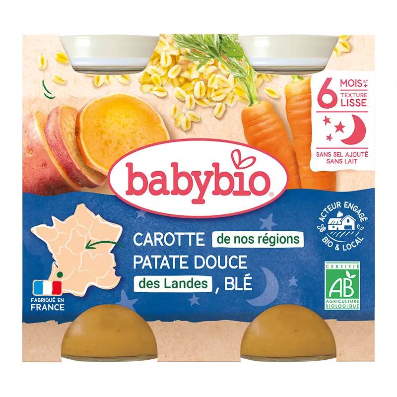 Repas bébé soir - Carotte De Nos Regions Patate Douce Des Landes Blé - Petits pots 2x200g