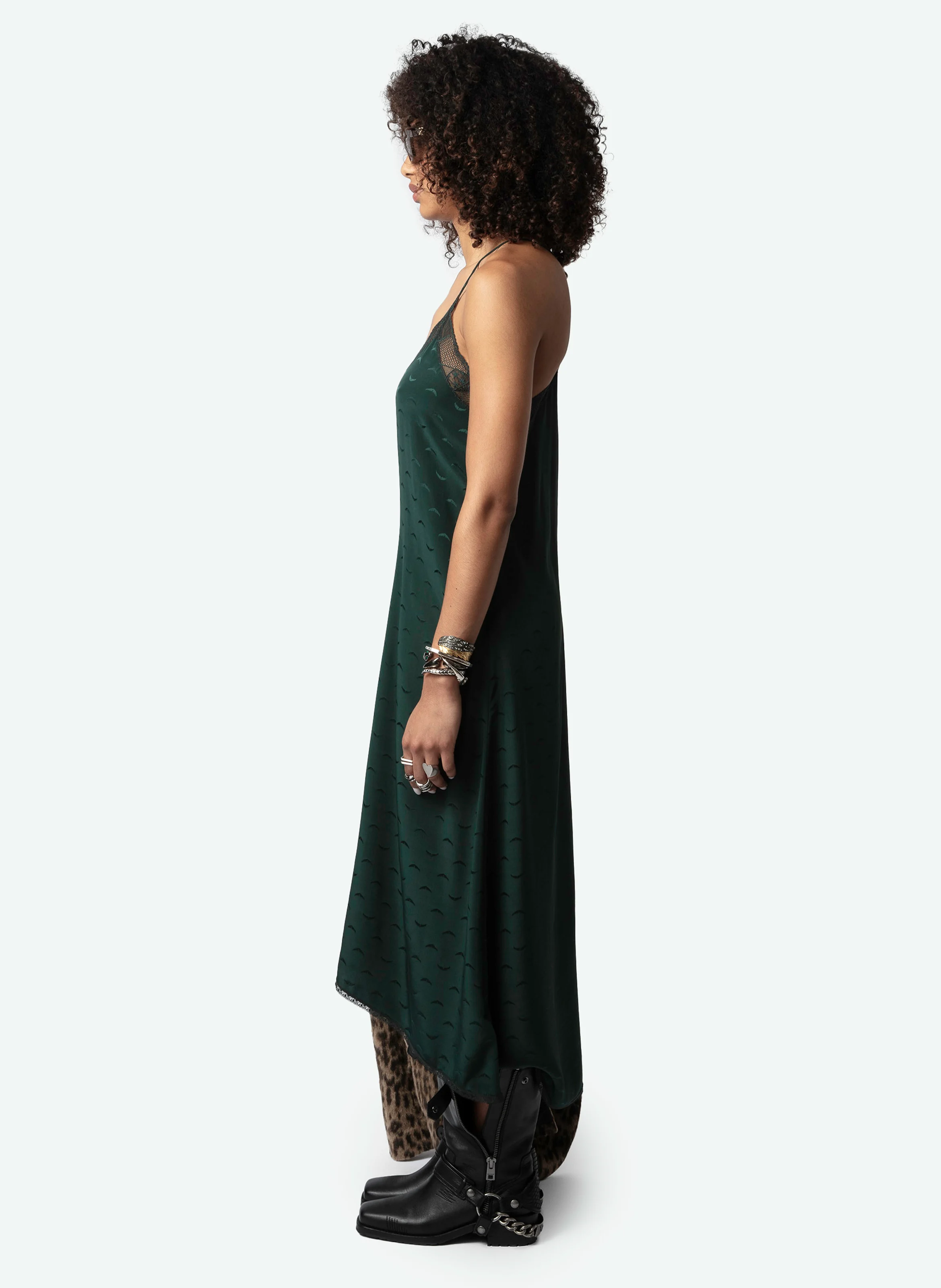 RISTY - Robe longue droite col V en soie | Vert