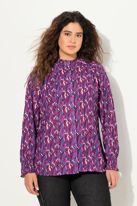 Bluse, Smok-Details, A-Linie, Stehkragen, Langarm