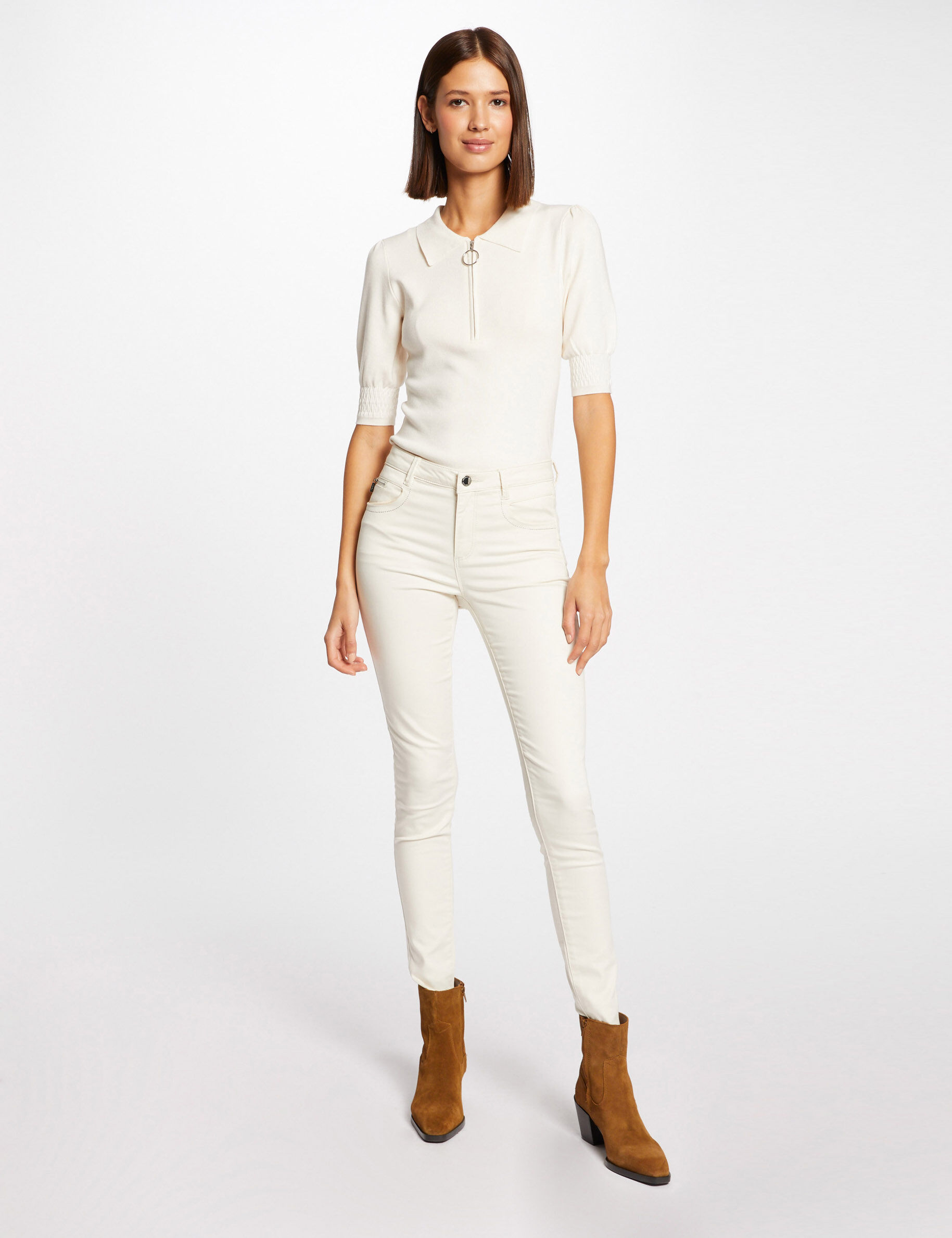 Pull manches courtes à col polo ivoire femme - ivoire