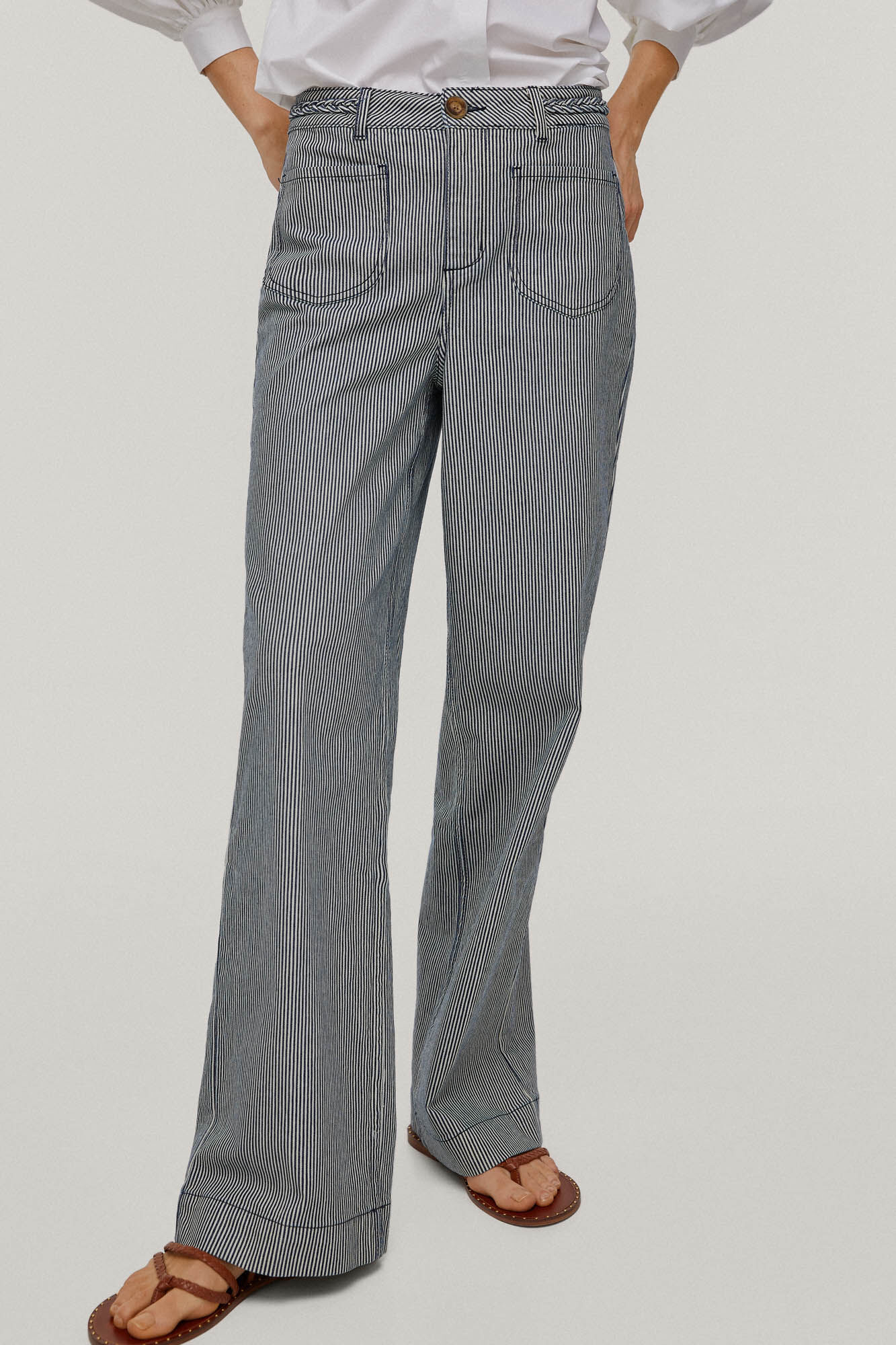 Calça jeans listrada de boca larga - Azul